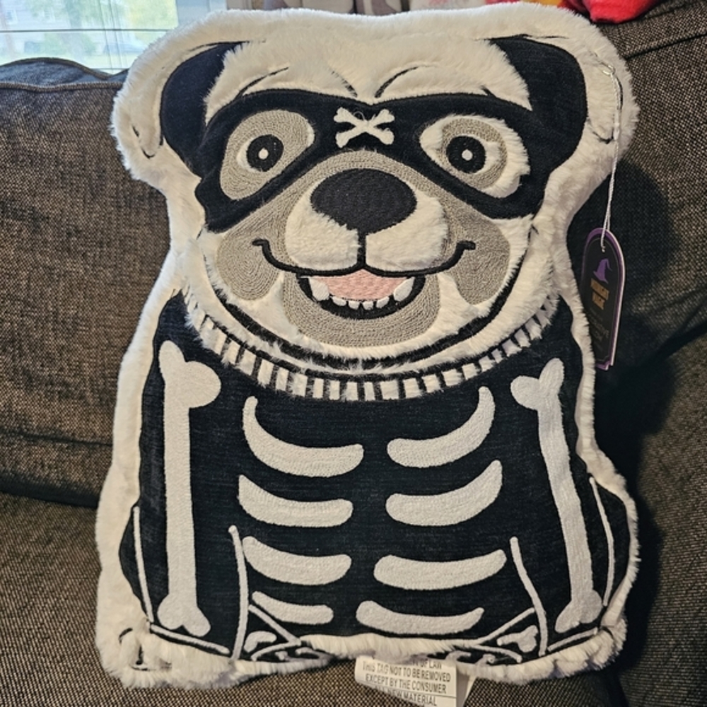 Midnight Magic Dog Skeleton Halloween Decorative Pillow Black White Summerween‎